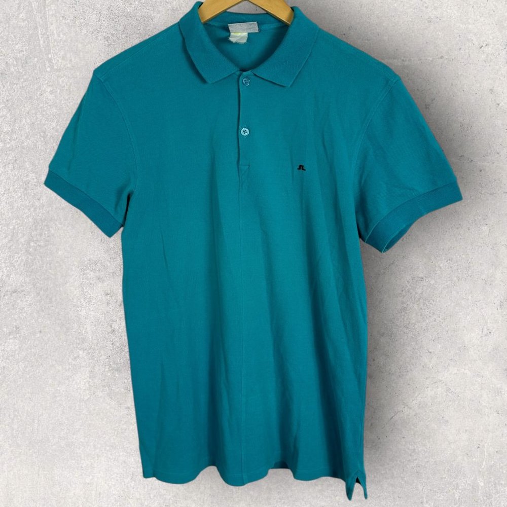 J Lindeberg Blue Short‎ Sleeve Polos Shirt Mens Size Large Collared Golf Tee L